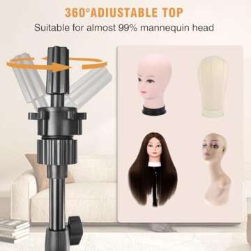 mcwdoit 63In Wig Stand Tripod, Upgraded Adjustable Mannequin Head Stand Metal Holder for Mannequin Head, Hairdressing Training Head Mold Mannequin Salon Hair Clamp, Black