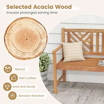 Tangkula Patio Acacia Wood Bench, 2-Person Outdoor Loveseat Chair, Cozy Armrest & Backrest, Sturdy Acacia Wood Frame, Outdoor Slatted Seating Bench for Backyard, Garden, 800 lbs Max Load