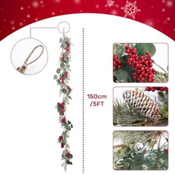 LOHASBEE Christmas Garland, Festive 5FT Christmas Garland with Green Pine, Red Berries, and Rustic P...