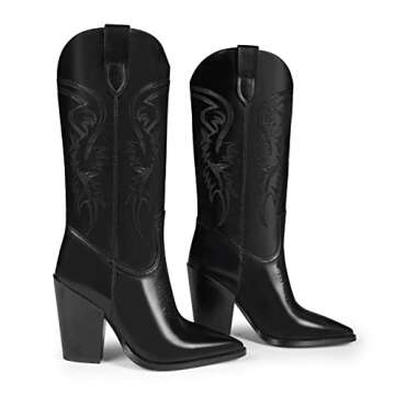 ISNOM Black Cowgirl Boots for Womens Western Boots Tall Black Cowboy Boots for Women Knee High Weste...