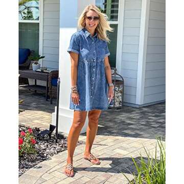 LookbookStore Denim Dress Womens Denim Babydoll Dress Short Sleeve Oversized Dress Lapel Collared Casual Dress for Women Summer Reef Blue Size L Babydoll Jean Dress Size 12, 14