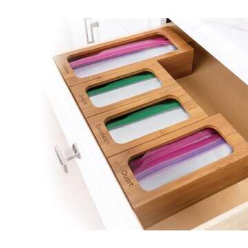 Seville Classics Bamboo Premium Organizer Storage Bins for Kitchen Silverware, Pantry, Closet, Office Desk, Pens, Utensils, Makeup, K Cup, Bamboo, Bag Holder Bin Set (4 Piece)