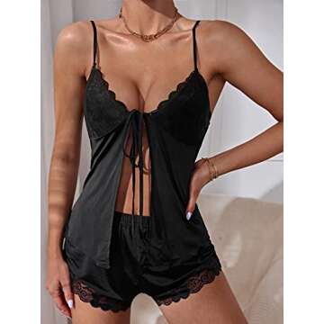 OYOANGLE Women's Lace Trim Tie Front Scallop Cami Top and Shorts 2 Piece Pajama Set Black L