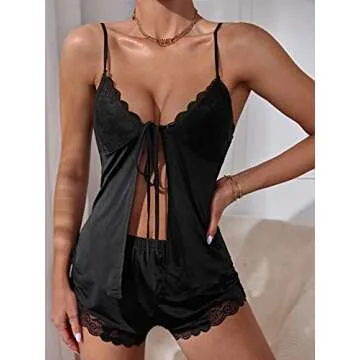 OYOANGLE Women's Lace Trim Tie Front Scallop Cami Top and Shorts 2 Piece Pajama Set Black L