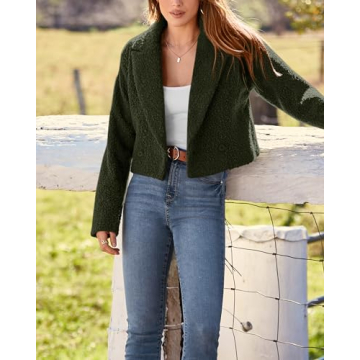 BTFBM 2023 Women's Fashion Fuzzy Fleece Short Jacket Fall Winter Lapel Button Down Outerwear Long Sleeve Faux Fur Coat(Solid Army Green, Small)
