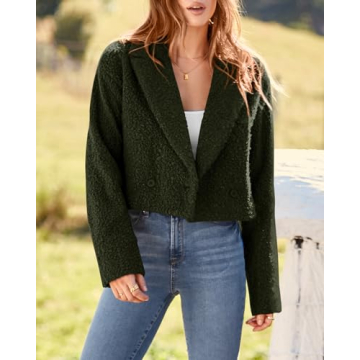 BTFBM 2023 Women's Fashion Fuzzy Fleece Short Jacket Fall Winter Lapel Button Down Outerwear Long Sleeve Faux Fur Coat(Solid Army Green, Small)