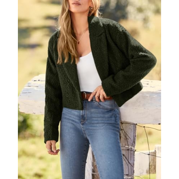 BTFBM 2023 Women's Fashion Fuzzy Fleece Short Jacket Fall Winter Lapel Button Down Outerwear Long Sleeve Faux Fur Coat(Solid Army Green, Small)