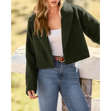 BTFBM 2023 Women's Fashion Fuzzy Fleece Short Jacket Fall Winter Lapel Button Down Outerwear Long Sleeve Faux Fur Coat(Solid Army Green, Small)