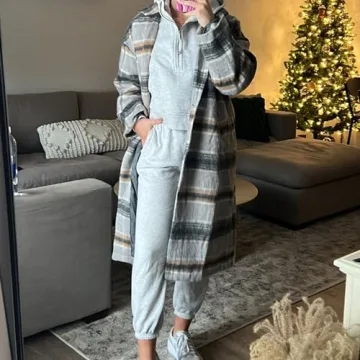 Hixiaohe Womens Long Plaid Shacket Jacket with Pockets