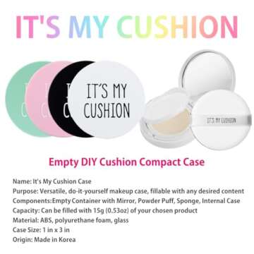 IT'S MY CUSHION Empty DIY Cushion Compact Case - Durable Premium Portable Air Cushion Puff Box, Pink Cosmetic Container with Sponge Powder Puff and Mirror - DIY Custom Makeup Compact Case (15g)