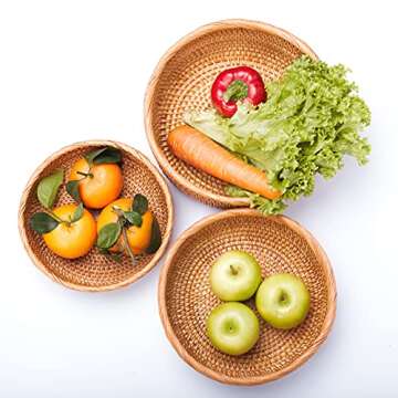 Wicker Storage Basket For Fruit Bread Vegetable Natural Rattan Baskets For Storage Bowls Key Round Wicker Baskets in Kitchen Table Pantry Countertop Home Decor Stackable Set 3 (Honey Brown)