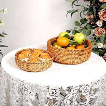 Wicker Storage Basket For Fruit Bread Vegetable Natural Rattan Baskets For Storage Bowls Key Round Wicker Baskets in Kitchen Table Pantry Countertop Home Decor Stackable Set 3 (Honey Brown)