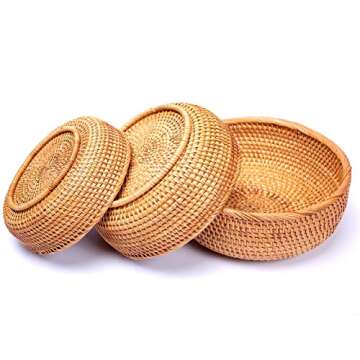 Wicker Storage Basket For Fruit Bread Vegetable Natural Rattan Baskets For Storage Bowls Key Round Wicker Baskets in Kitchen Table Pantry Countertop Home Decor Stackable Set 3 (Honey Brown)