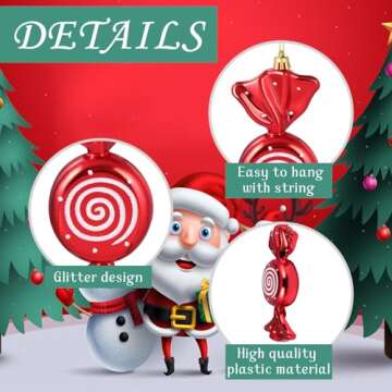 Aoriher 7.6" Large Christmas Candy Cane Ornaments Hanging Glitter Large Christmas Tree Candy Peppermint Ornaments with Golden Ropes for Xmas Party Decorations(Red,2 Pcs)