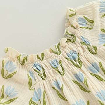 Infant Baby Girl Linen Romper Smocked Bubble Bodysuit Frill Trim Ruffle One-Piece Jumpsuit Casual Cute Summer Clothes (Blue, 18-24 Months)