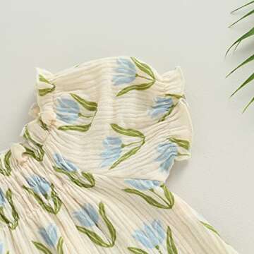 Infant Baby Girl Linen Romper Smocked Bubble Bodysuit Frill Trim Ruffle One-Piece Jumpsuit Casual Cute Summer Clothes (Blue, 18-24 Months)