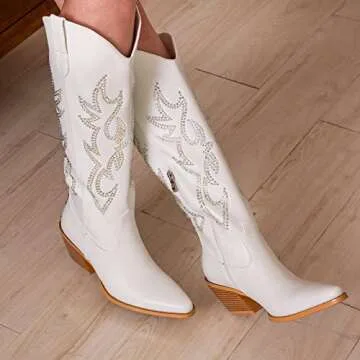 Pasuot Rhinestone Cowboy Boots for Women - White Wide Calf Knee High Cowgirl Boots with Side Zipper and Sparkly Glitter Embroidery, Almond Toe Mid Heel Retro Fashion Tall Cowgirl Boot Pull On US 9