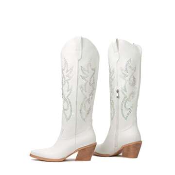 Pasuot Rhinestone Cowboy Boots for Women - White Wide Calf Knee High Cowgirl Boots with Side Zipper and Sparkly Glitter Embroidery, Almond Toe Mid Heel Retro Fashion Tall Cowgirl Boot Pull On US 9