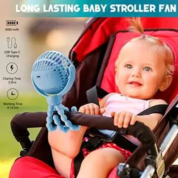 snawowo Upgraded Portable Baby Stroller Fan, 360°Rotate Rechargeable Mini Clip on Fan with Flexible Tripod for Stroller Treadmill Crib Car Seat Travel, 4000mAh Battery Powered Handheld Fan (Blue)