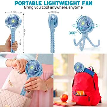 snawowo Upgraded Portable Baby Stroller Fan, 360°Rotate Rechargeable Mini Clip on Fan with Flexible Tripod for Stroller Treadmill Crib Car Seat Travel, 4000mAh Battery Powered Handheld Fan (Blue)