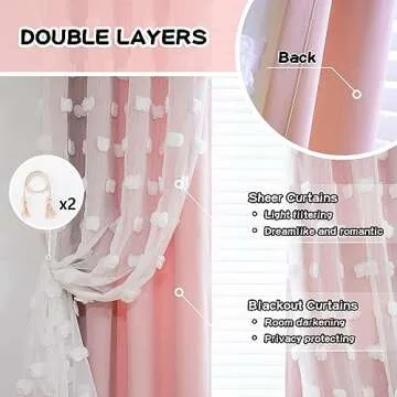 MYSKY HOME Pink Curtains for Living Room 84 Inches Long Pom Pom White Sheer Curtains for Girls Room Nursery Curtains Double Layer for Toddler Bedroom Grommet Room Darkening Window Panels 52 x 84 Inch