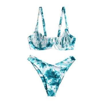 ZAFUL Women Underwire Bikini Swimsuit, Textured Contrast Binding Push Up Bikini Swimwear (Dark Green-Tie Dye, Large)