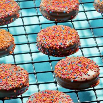 Happy Birthday Chocolate Dipped Sandwich Cookies Gift | Olde Naples Hand Decorated Sandwich Cookies | Gift Basket 8pc Sandwich Cookies Assortment Milk Chocolate (Upbeat)