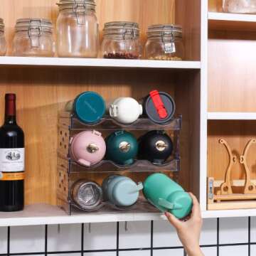 4 Tier Water Bottle Organizer,Clear Stackable Water Bottle Rack for Cabinet,Tumbler Storage Organizer for Kitchen,Fridge,Cabinet Organization and Acrylic Wine Rack and Tumbler Holder Stand torage