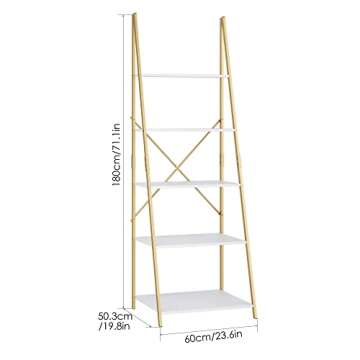 FINETONES 5 Tier Ladder Shelf, Free Standing Gold Book Shelf Display Bookcase, Storage Organizer Unit Flower Stand Plant Rack for Living Room