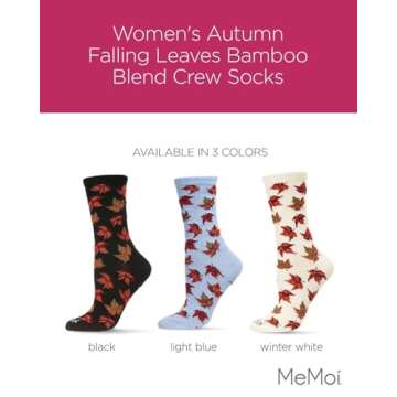 MeMoi Women's Autumn Falling Leaves Rayon Blend Crew Socks Winter White 9-11