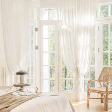 FMFUNCTEX Linen Sheer Curtains for Bedroom, Beige Curtains 84 Inches Long Semi Sheer Draperies for Living Room, Natural Cream White Light Filtering Farmhouse Curtains, Grommet Top 2 Panels