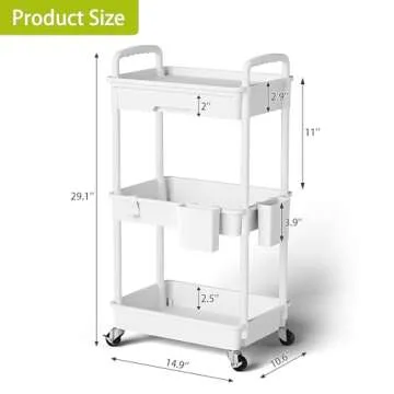 Sorgion 3 Tier Rolling Cart Organizer,Laundry Room Bathroom Organizers and Storage Office Shelves Mobile Shelving Unit Kitchen Trolley Cart with Wheels for Art,Craft,Diaper,Bedside,Snack(White)