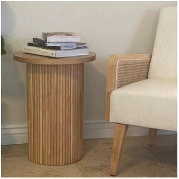 THKSHOUZ Solid Wood End Table Round 18'' D, Wooden Accent Drum End Table, Unique Oak Pedestal Side Table, Fully Assembled, for The Living Room and Bedroom