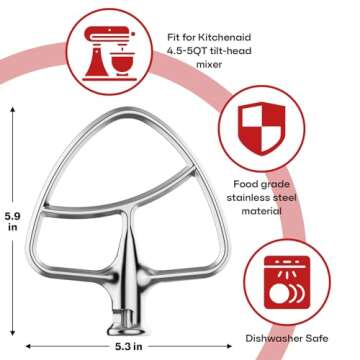Gvode Stainless Steel Flex Edge Beater for KitchenAid Mixer, Paddle Attachment for 4.5-5 Quart Bowls