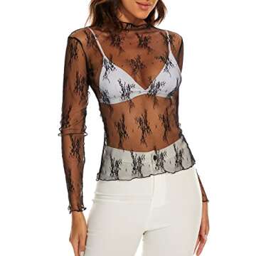 AILBBE Mesh Long Sleeve Layering Top for Women Mock Neck Floral Embroidery Sheer See Through Tee Shi...