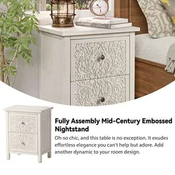 COZAYH Farmhouse Fully-Assembled Nightstand with 2-Drawer, Flower Motif End Table for Small Spaces, French Country, Modern, Distressed Finish, White-Washed