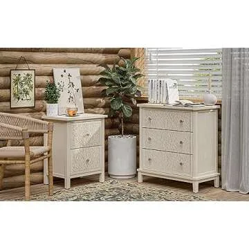 COZAYH Farmhouse Fully-Assembled Nightstand with 2-Drawer, Flower Motif End Table for Small Spaces, French Country, Modern, Distressed Finish, White-Washed