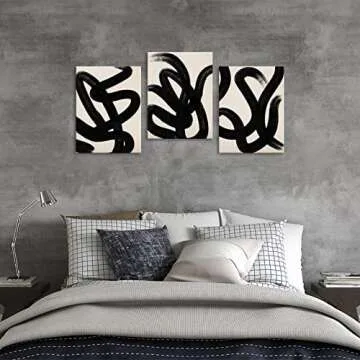 arteWOODS Wall Art Canvas Set Abstract Lines Pictures Modern Mid Century Boho Wall Decor Minimalist Abstract Black Stroke Lines Canvas Painting Artwork Living Room Bedroom Home Office 12"x16"x3
