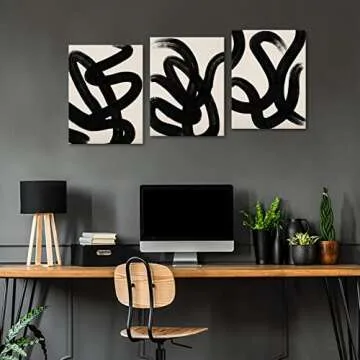 arteWOODS Wall Art Canvas Set Abstract Lines Pictures Modern Mid Century Boho Wall Decor Minimalist Abstract Black Stroke Lines Canvas Painting Artwork Living Room Bedroom Home Office 12"x16"x3