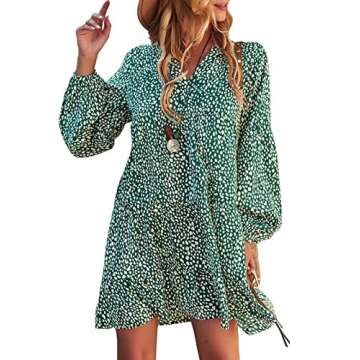 TEMOFON Women's Long Sleeve Dresses: Tunic Leopard Floral Printed Casual Loose V Neck Ruffle Swing Mini Dress Green L