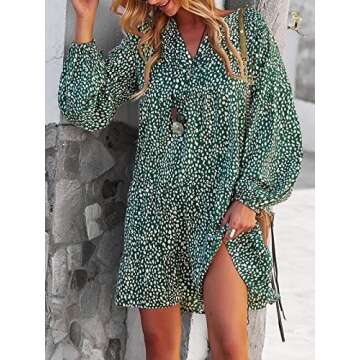 TEMOFON Women's Long Sleeve Dresses: Tunic Leopard Floral Printed Casual Loose V Neck Ruffle Swing Mini Dress Green L