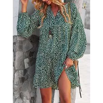 TEMOFON Women's Long Sleeve Dresses: Tunic Leopard Floral Printed Casual Loose V Neck Ruffle Swing Mini Dress Green L