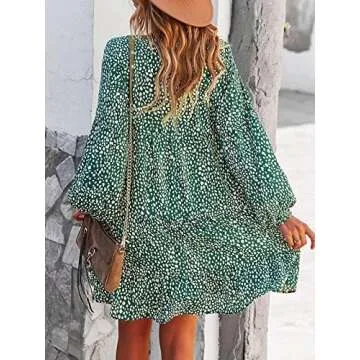 TEMOFON Women's Long Sleeve Dresses: Tunic Leopard Floral Printed Casual Loose V Neck Ruffle Swing Mini Dress Green L