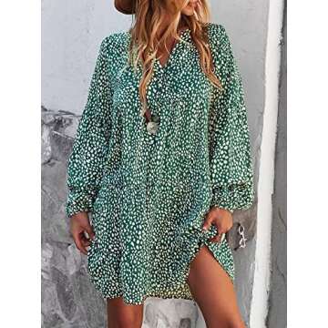 TEMOFON Women's Long Sleeve Dresses: Tunic Leopard Floral Printed Casual Loose V Neck Ruffle Swing Mini Dress Green L