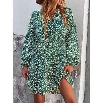 TEMOFON Women's Long Sleeve Dresses: Tunic Leopard Floral Printed Casual Loose V Neck Ruffle Swing Mini Dress Green L