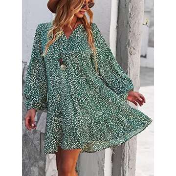 TEMOFON Women's Long Sleeve Dresses: Tunic Leopard Floral Printed Casual Loose V Neck Ruffle Swing Mini Dress Green L