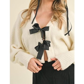 Esmeling Women’s Long Sleeve Crop Cardigan Sweaters Chic Loose V Neck Knit Sweater Outerwear with Bow Tie(1016-Beige-L)
