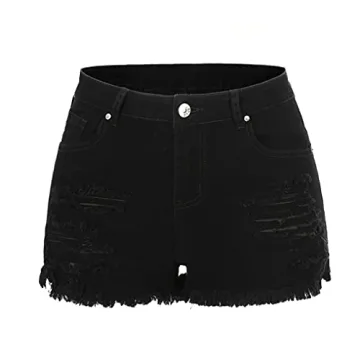 Stylish THUNDER STAR Women Mid Rise Ripped Stretchy Jeans Shorts Casual Denim Black1# S