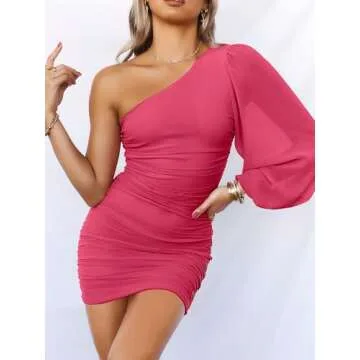 ANRABESS Women One Shoulder Ruched Bodycon Mini Dress Puff Long Sleeve Sexy Cocktail Party Formal We...