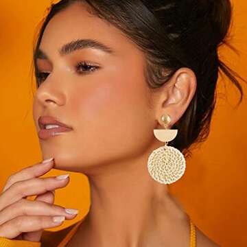 Rattan Earrings Lightweight Geometric Rattan Dangle Earrings Woven Bohemian Earrings Summer Beach Ea...